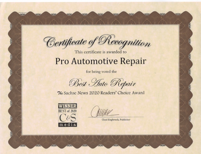 Best Auto Repair Shop 2020 - Sachse News Readers Choice Award