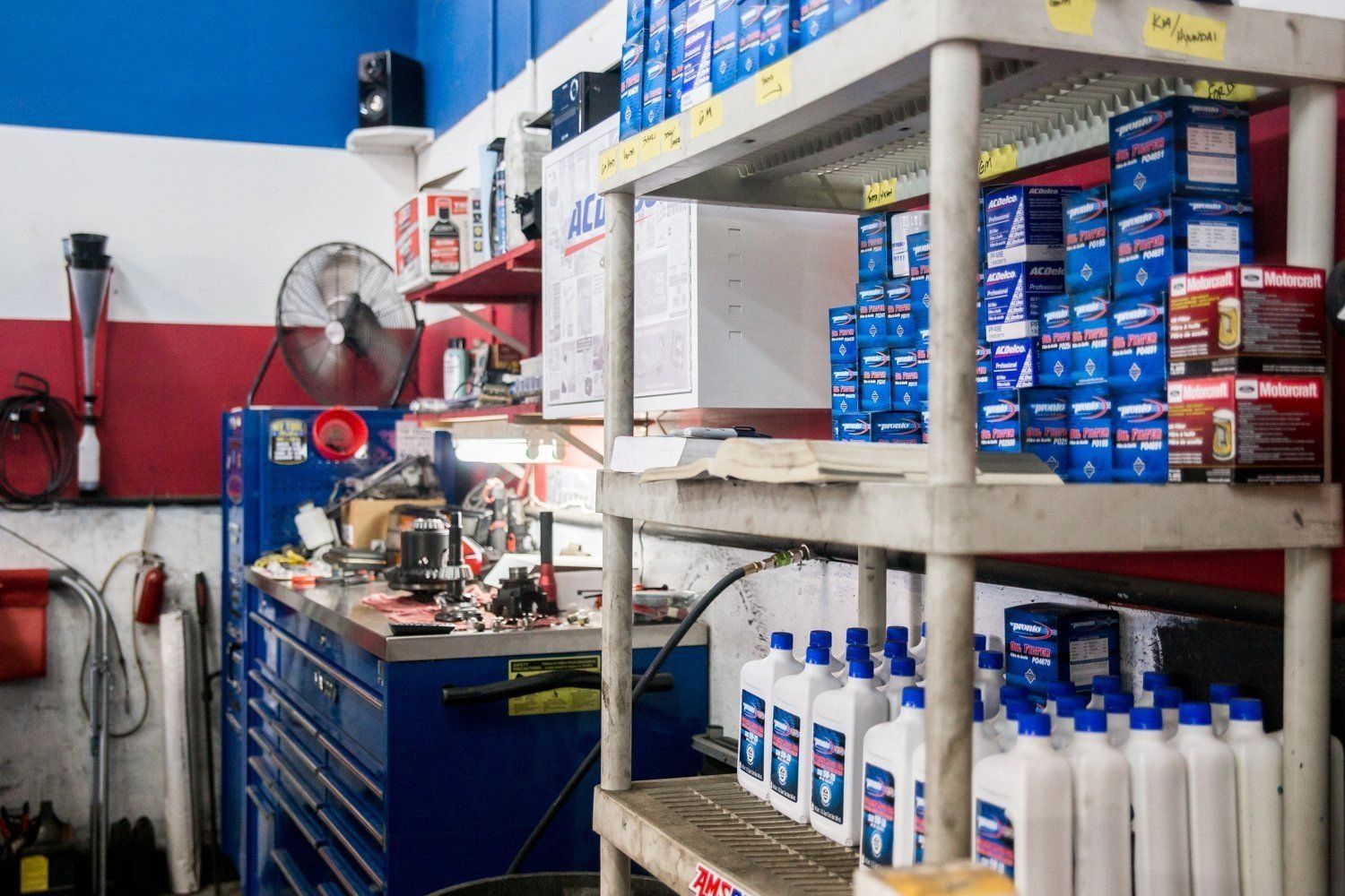 Parts shelves stocked with Motorcraft and quality brand parts