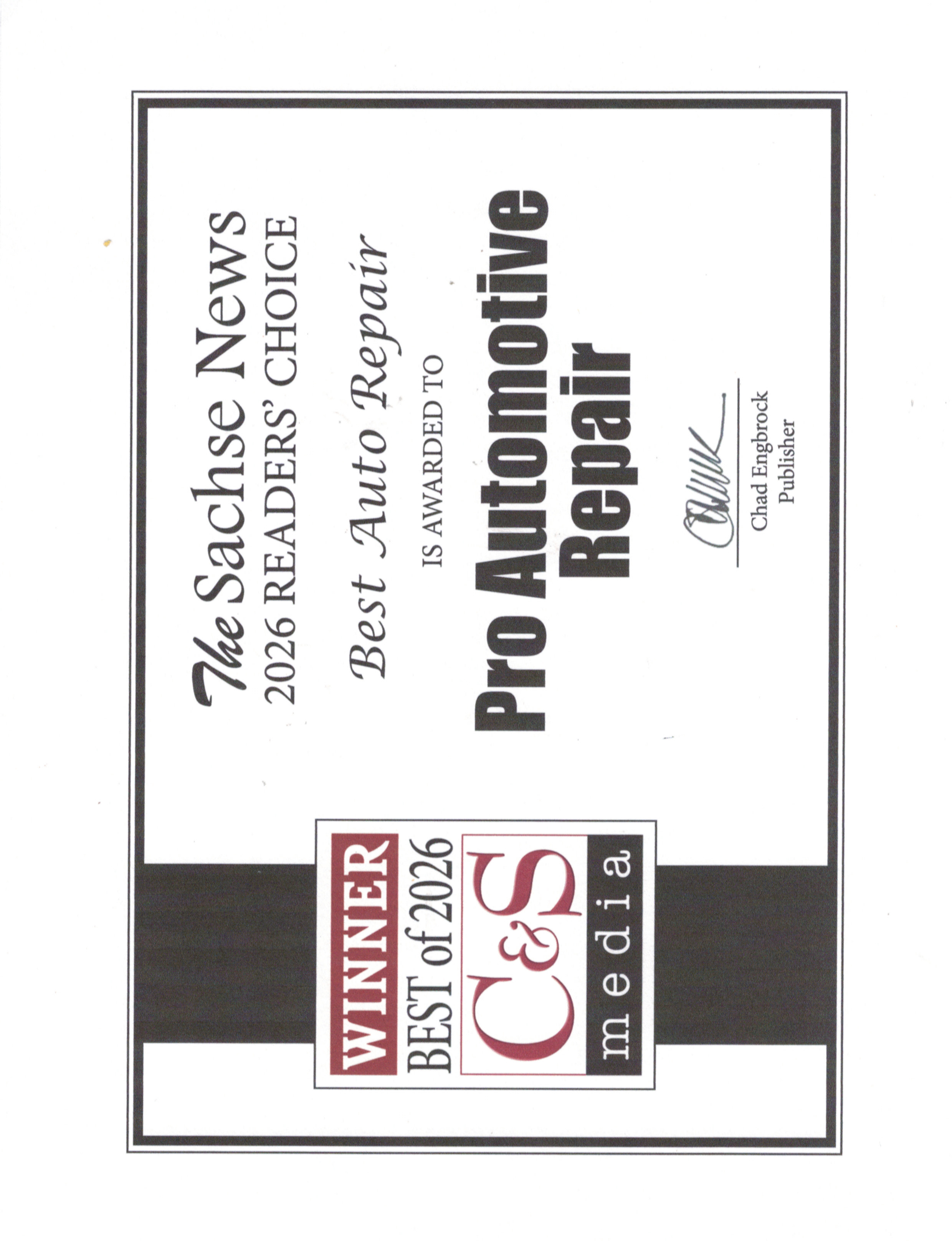 Best Auto Repair Shop 2026 - Sachse News Readers Choice Award