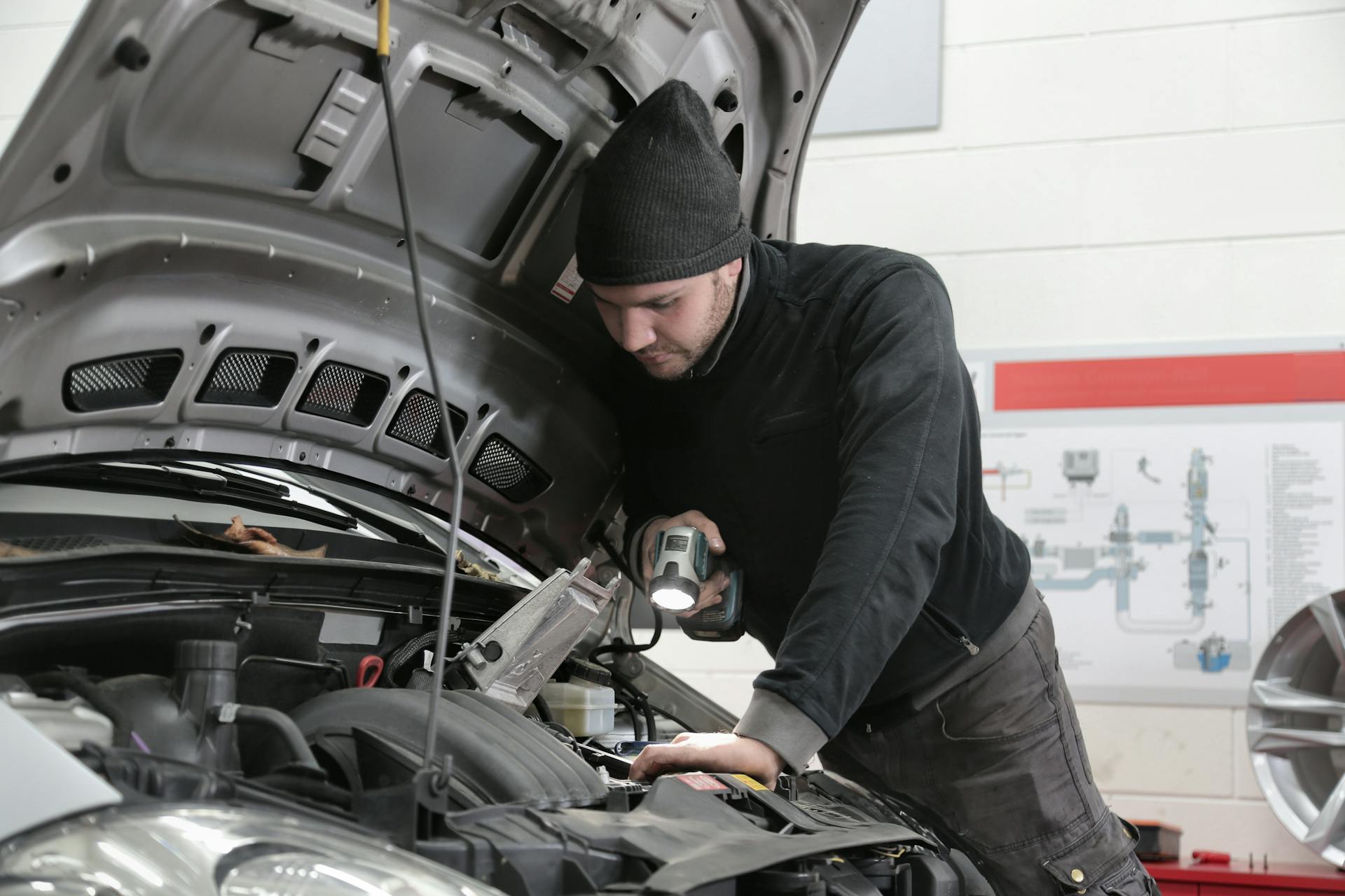 Mechanic inspecting engine during oil change at Pro Automotive Repair